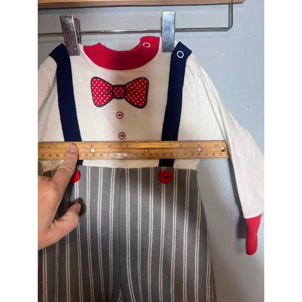 Doe Spun Vintage Baby One Piece 18 Months Stripe Pant Bow Tie Buttons Suspenders